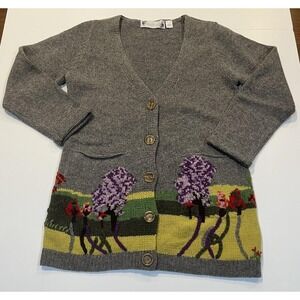 VTG Ingrid Hass 100% Lambswool Cardigan Floral Landscape Boho Cottagecore‎ RARE